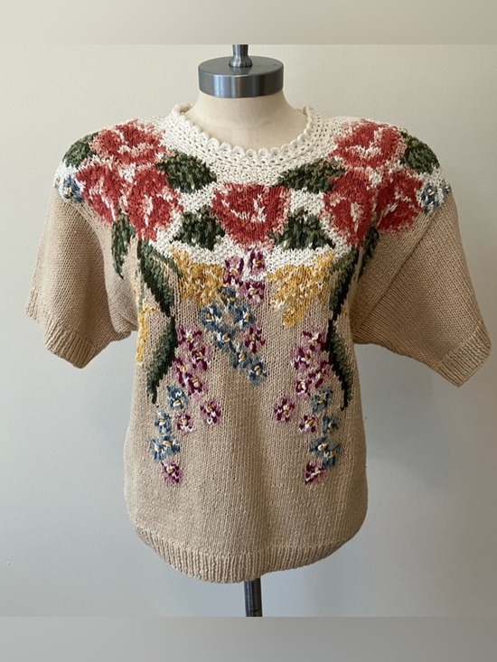 Sweaters - VTG Womens Tan Sz. S Sweater Embroidered Flowers Lace Crochet Short Sleeve
